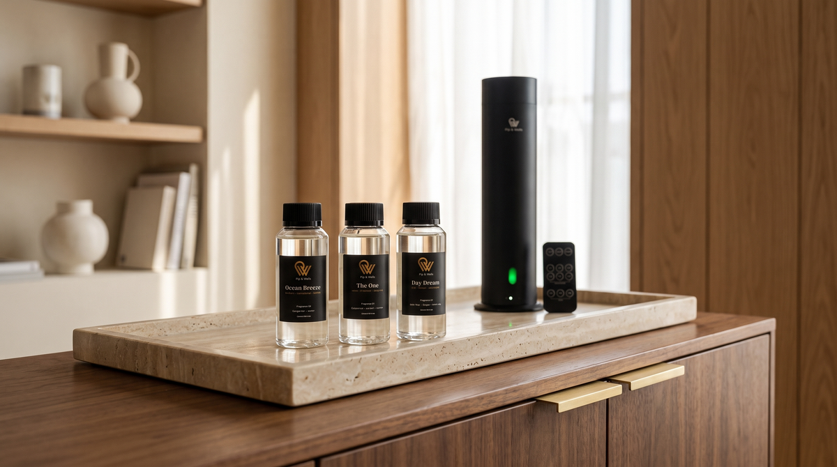 Ocean Breeze, The One and Day Dream fragrance oils on a travertine tray beside the matte black Pure One diffuser