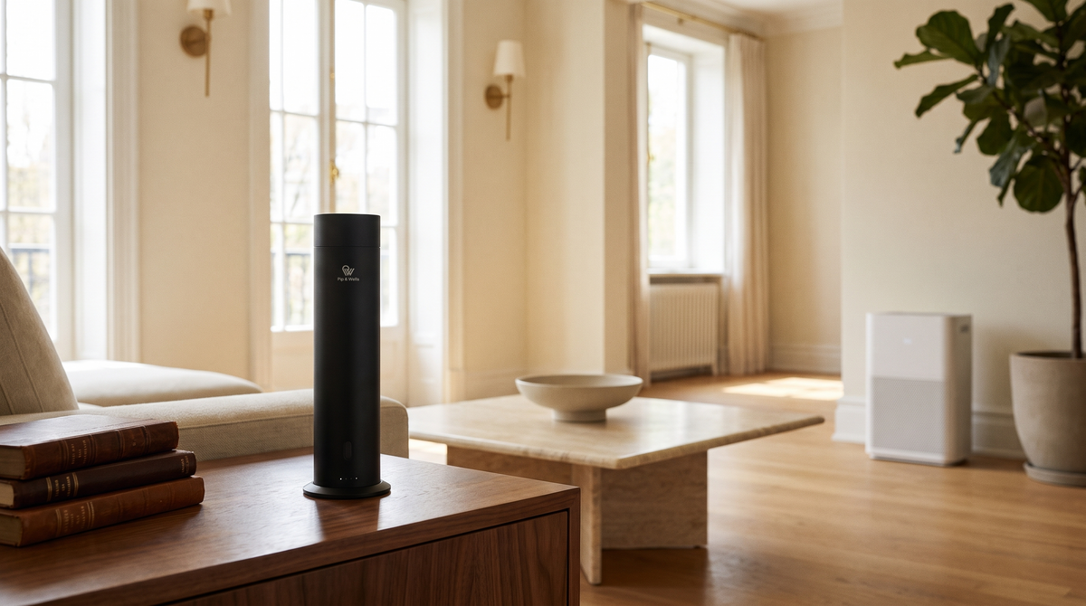 Matte black Pure One diffuser on a walnut side table with an air purifier across the living room