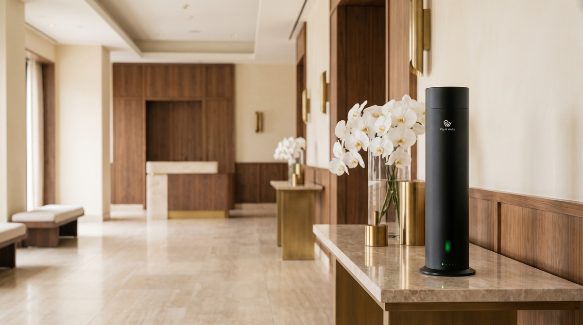 Matte black Pure One diffuser with white orchids on a marble console in a luxury hotel lobby