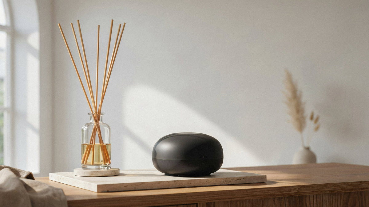 Diffusore a bastoncini e diffusore elettrico senza acqua in un soggiorno raffinato.