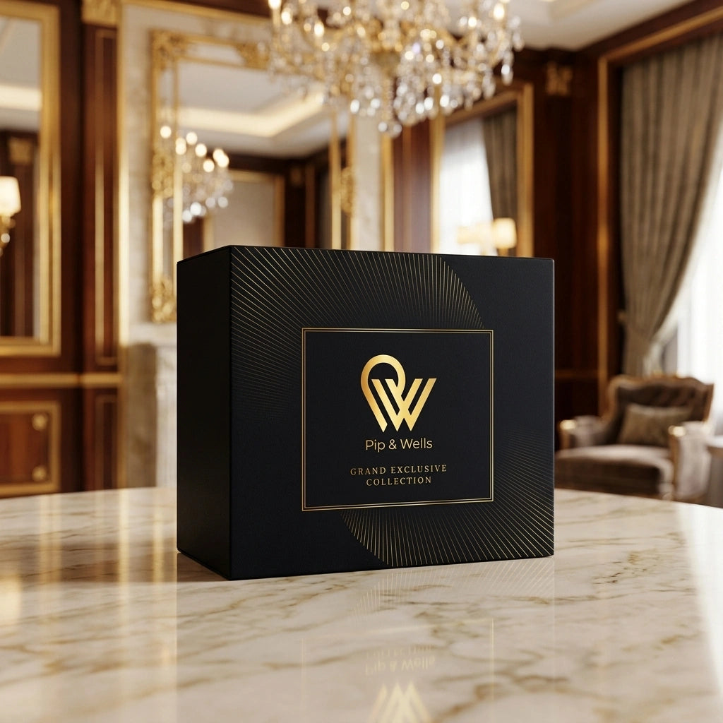 Scatola regalo della collezione Grand Exclusive di Pip & Wells in un interno elegante