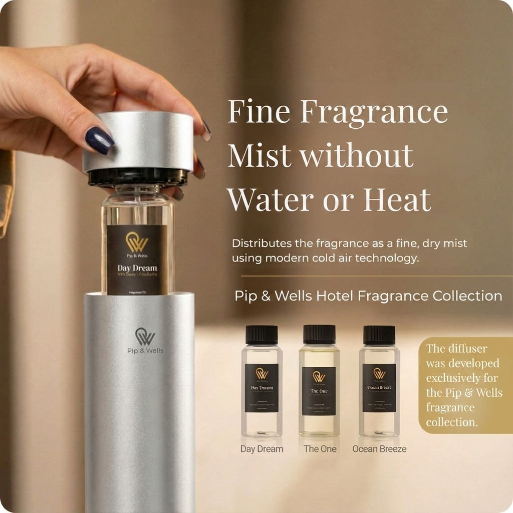 Hand inserting a Day Dream fragrance oil bottle into a Pip & Wells Pure One matte silver waterless aroma diffuser