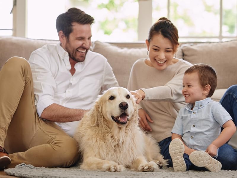 Famiglia con un bambino piccolo e un cane su un divano