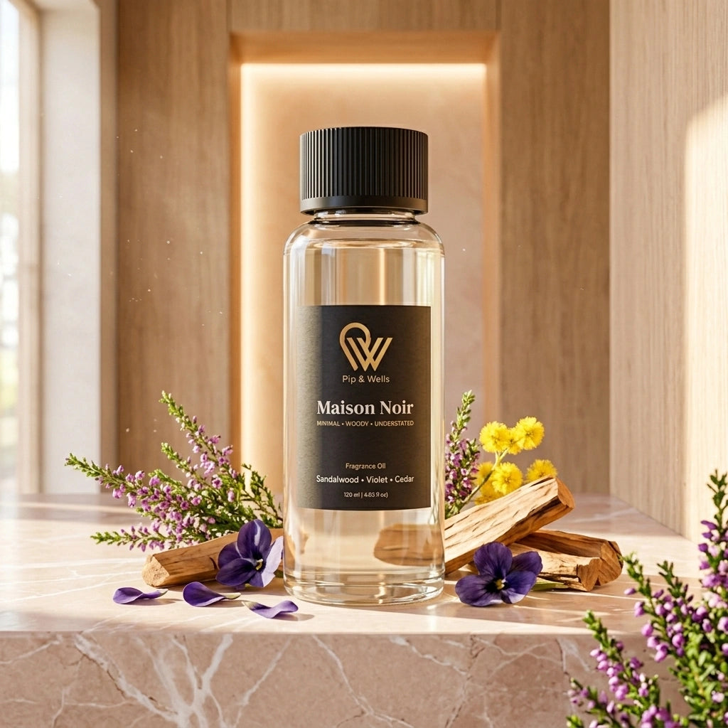 Olio profumato Maison Noir di Pip & Wells con fiori e legno
