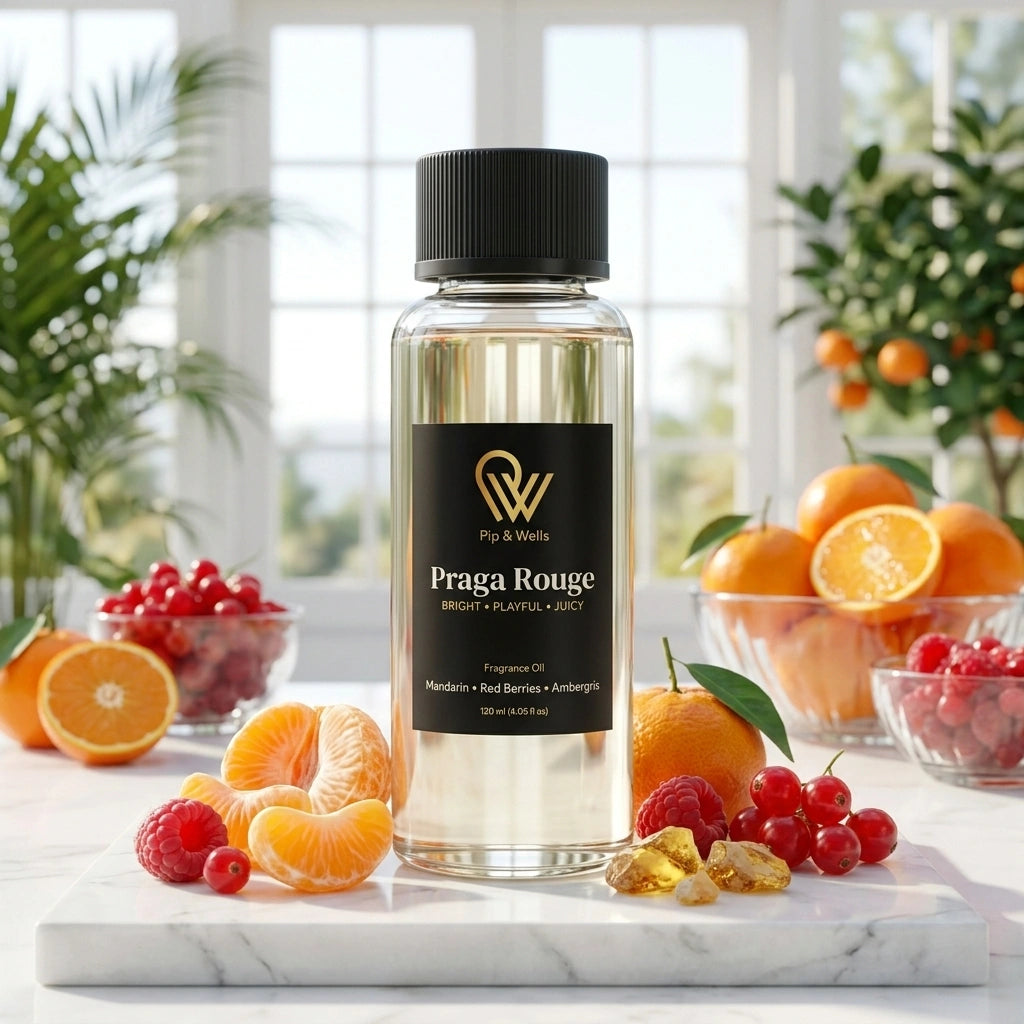 Flacone di olio profumato etichettato 'Praga Rouge' circondato da frutti su una superficie di marmo.