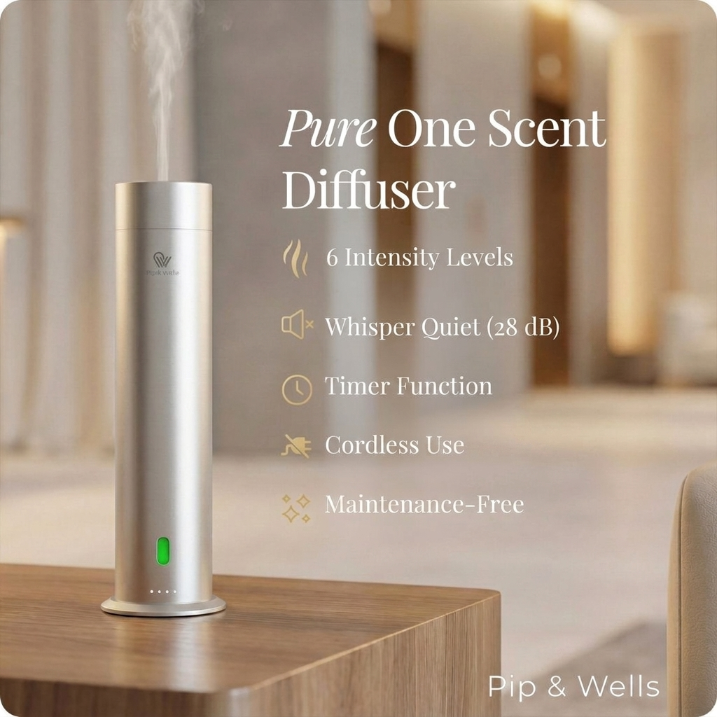 Pip & Wells Pure One aroma diffuser in matte silver on a wooden surface with key features listed