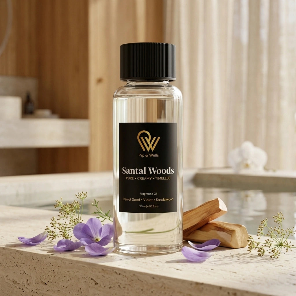 Flacone di olio profumato Santal Woods su una superficie di legno con fiori e bastoncini di legno.