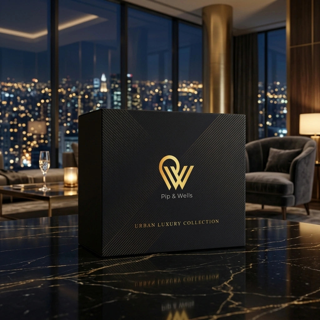 Scatola regalo della collezione Urban Luxury di Pip & Wells in un appartamento cittadino