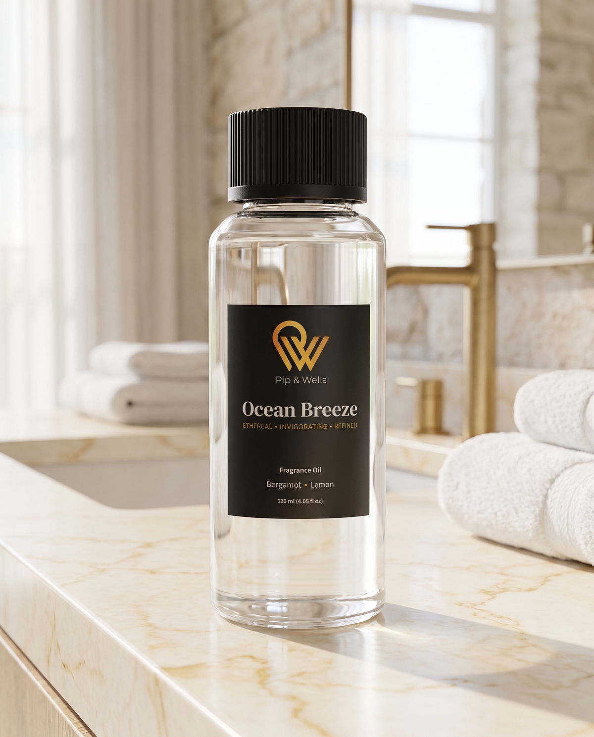 Pip & Wells Ocean Breeze fragrance oil 120 ml bottle from the Essence of Luxury set on a marble vanity in a hotel-style bathroom