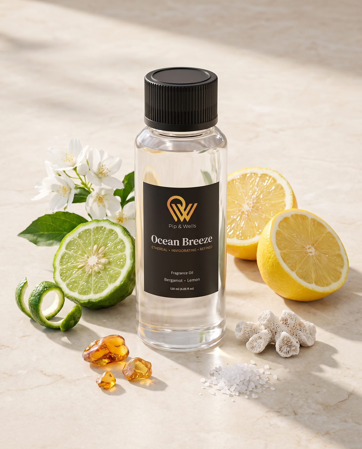 Pip & Wells Ocean Breeze fragrance oil 120 ml bottle surrounded by its scent notes: bergamot, lemon, jasmine, amber and sea salt