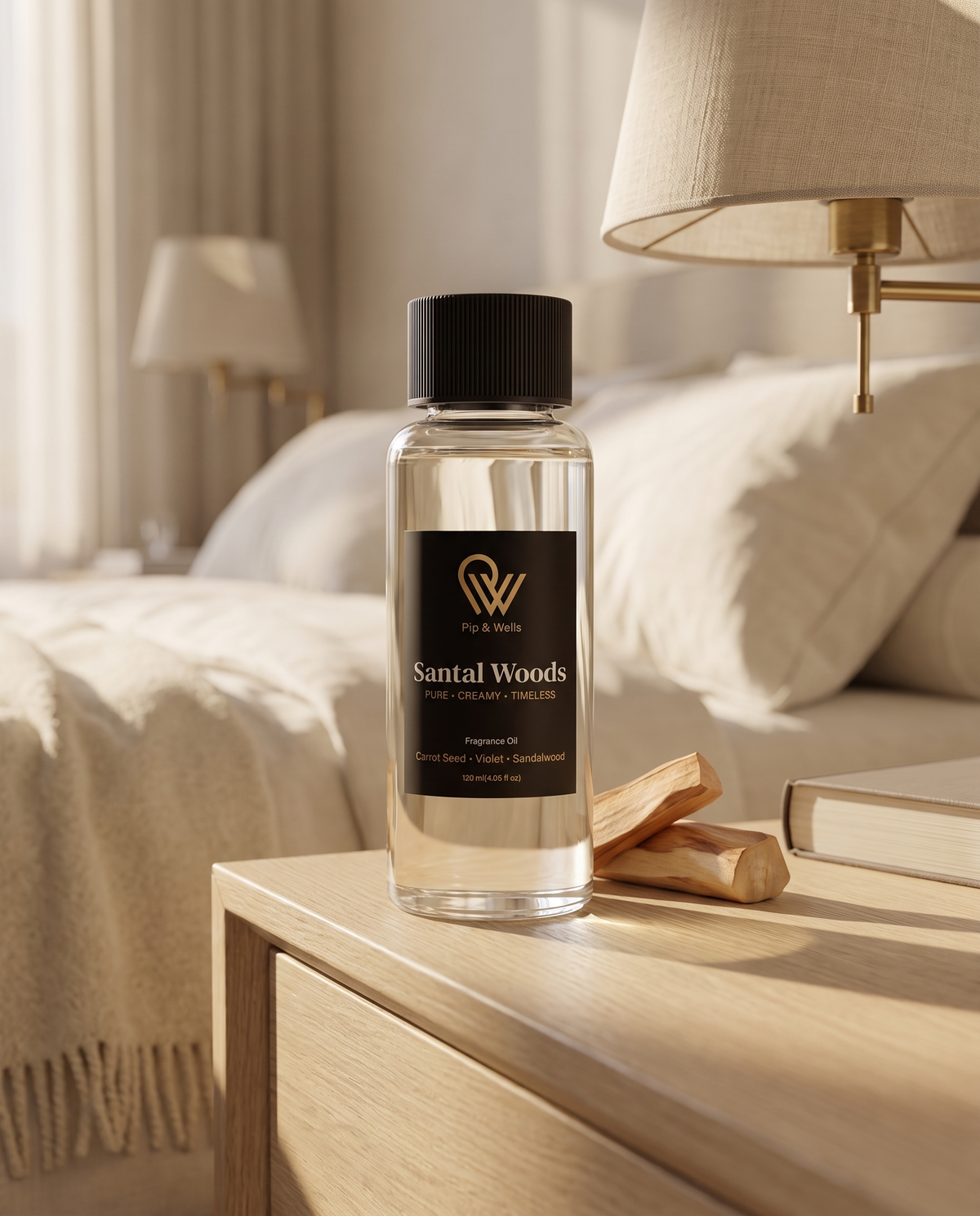 Pip & Wells Santal Woods fragrance oil 120 ml bottle on an oak bedside table in a calm hotel bedroom