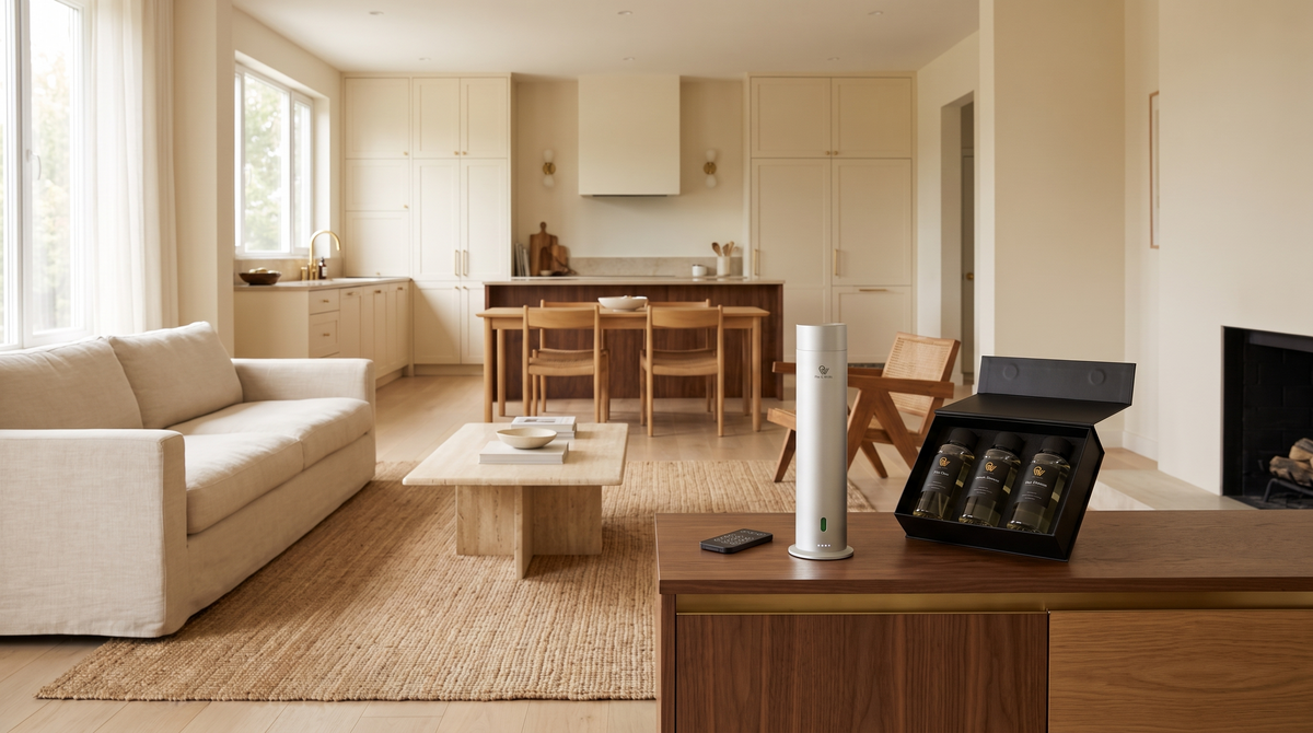 Matte silver Pure One diffuser on a walnut sideboard in a spacious open-plan home