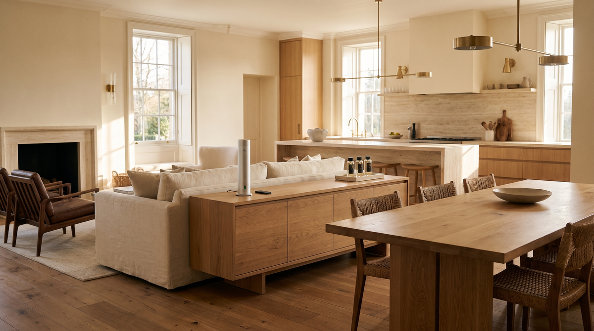 Matte silver Pure One diffuser on an oak sideboard in a bright open-plan living kitchen