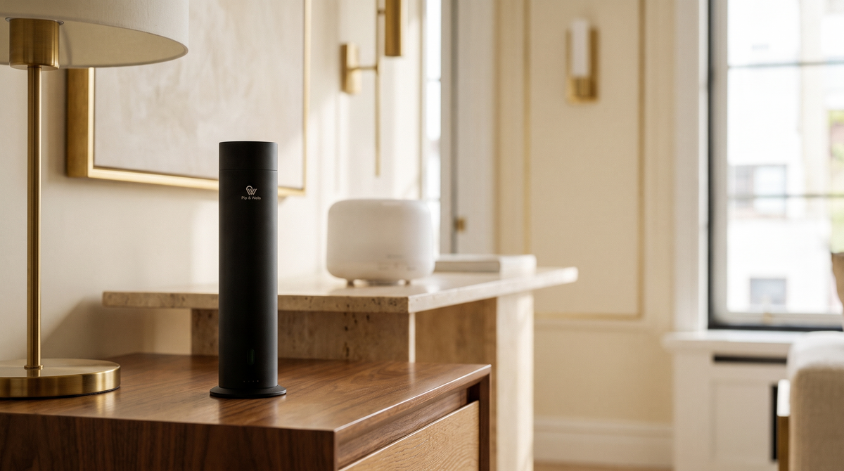 Matte black waterless Pure One diffuser in front of a white ultrasonic water diffuser