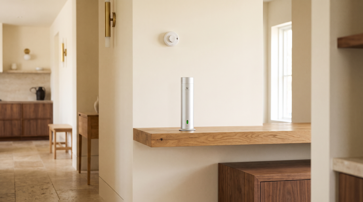 Matte silver Pure One diffuser on an oak shelf in a calm hallway with a smoke detector above
