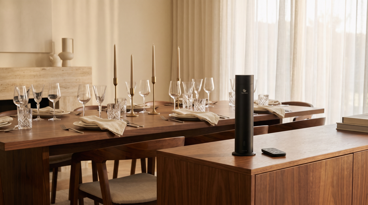 Matte black Pure One diffuser on a walnut sideboard beside a dining table set for guests
