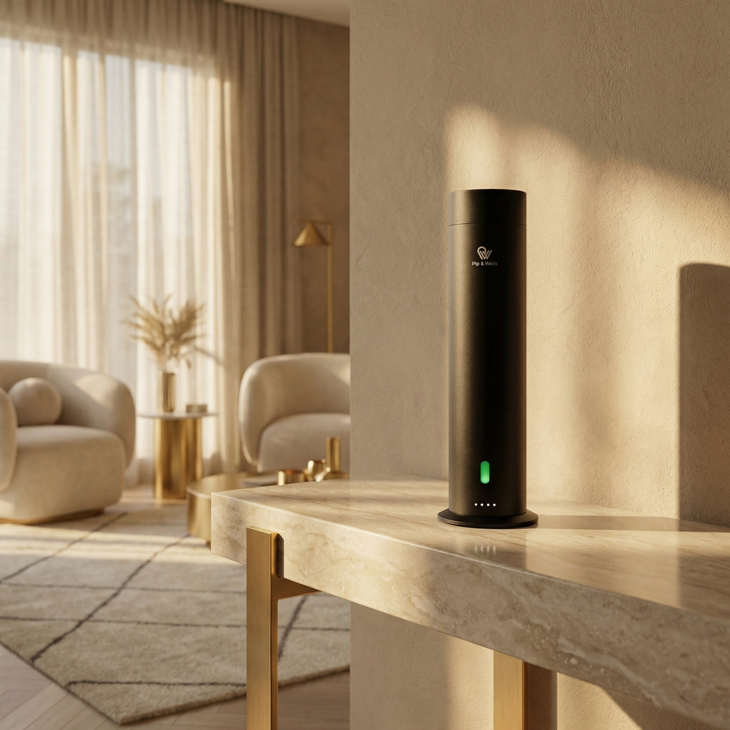 Diffusore senza acqua Pure One nero opaco su una consolle in pietra in un ambiente accogliente