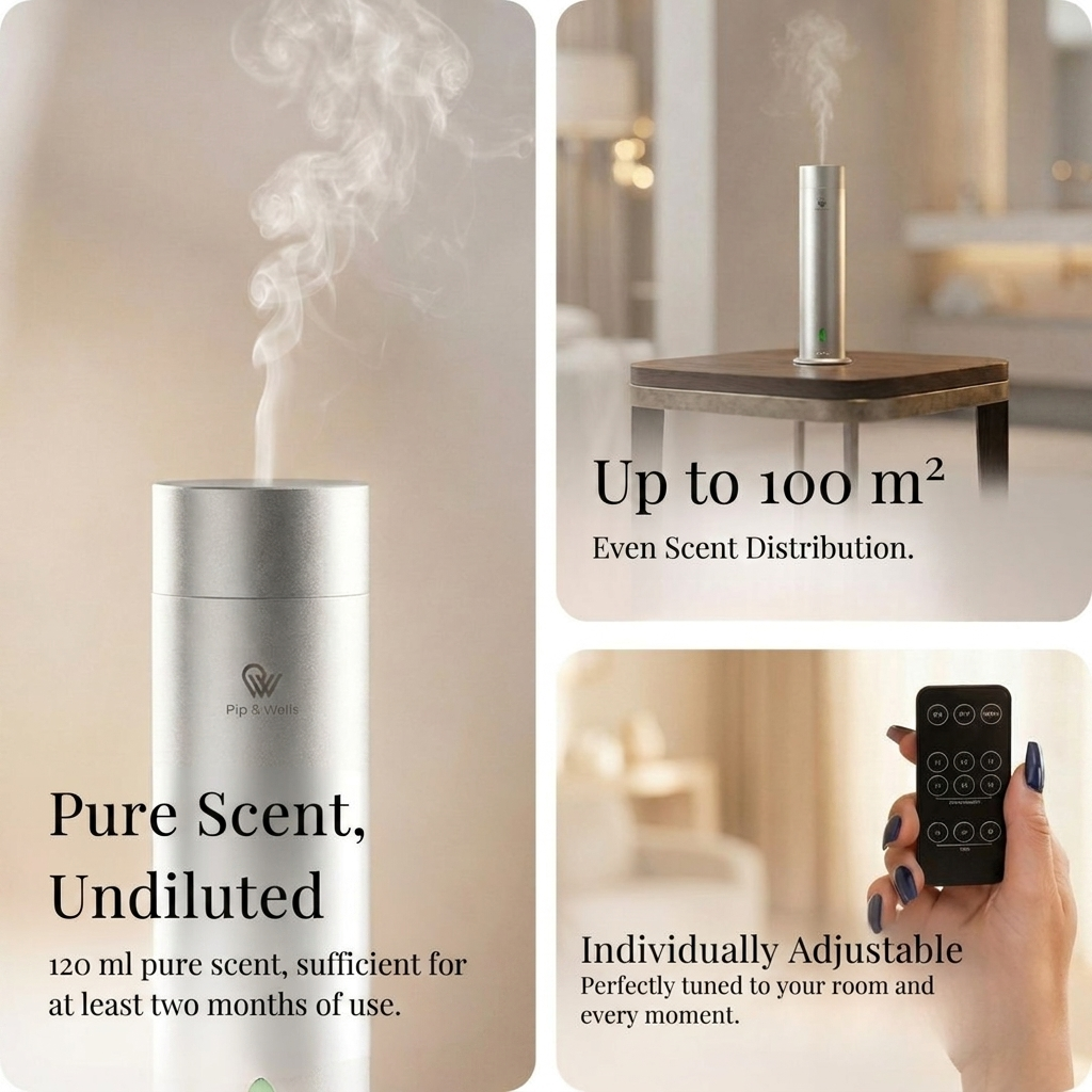 Diffusore di aromi Pure One di Pip & Wells argento opaco con testo sulla diffusione e le regolazioni