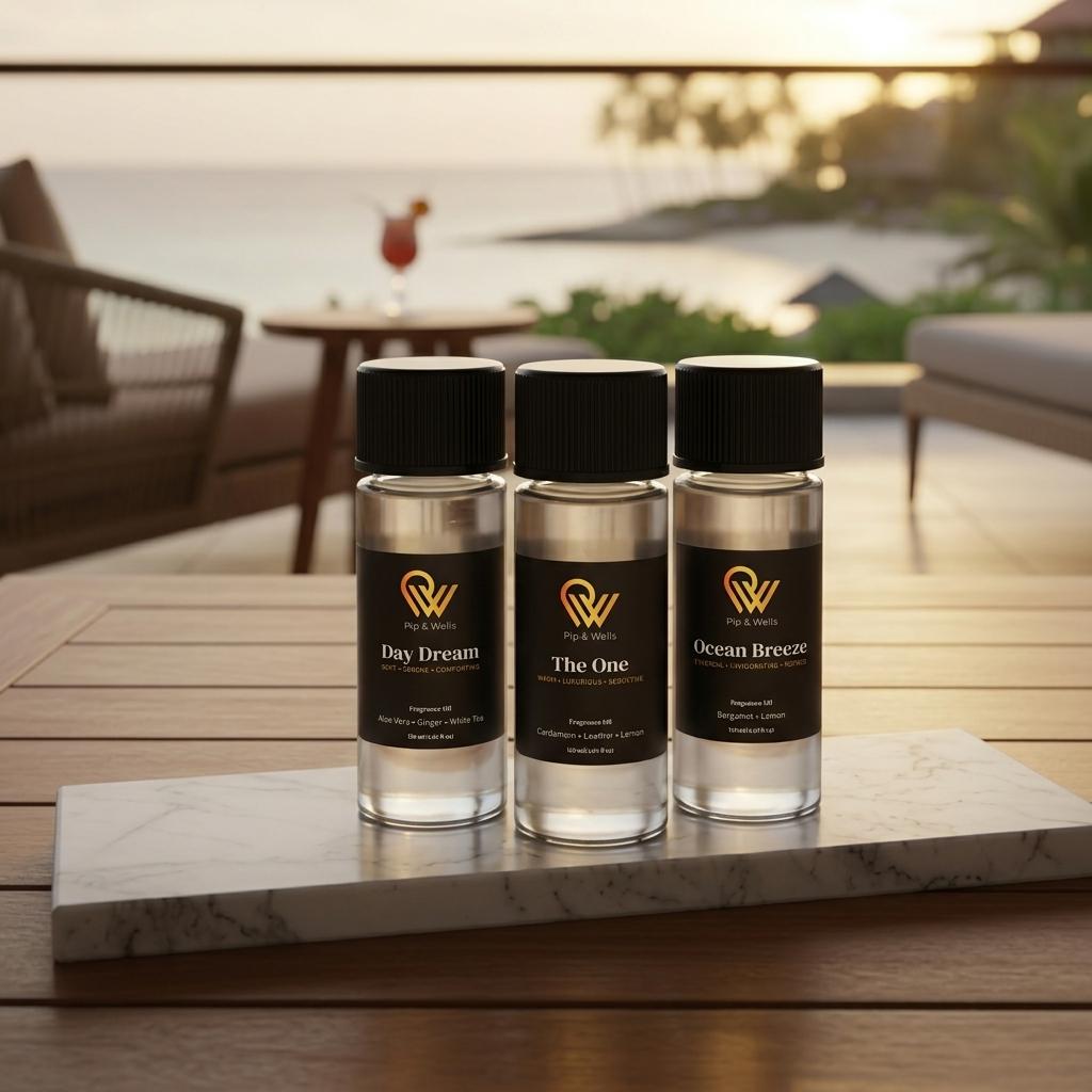 Tre flaconi di olio profumato Pip & Wells su una terrazza con vista sul mare