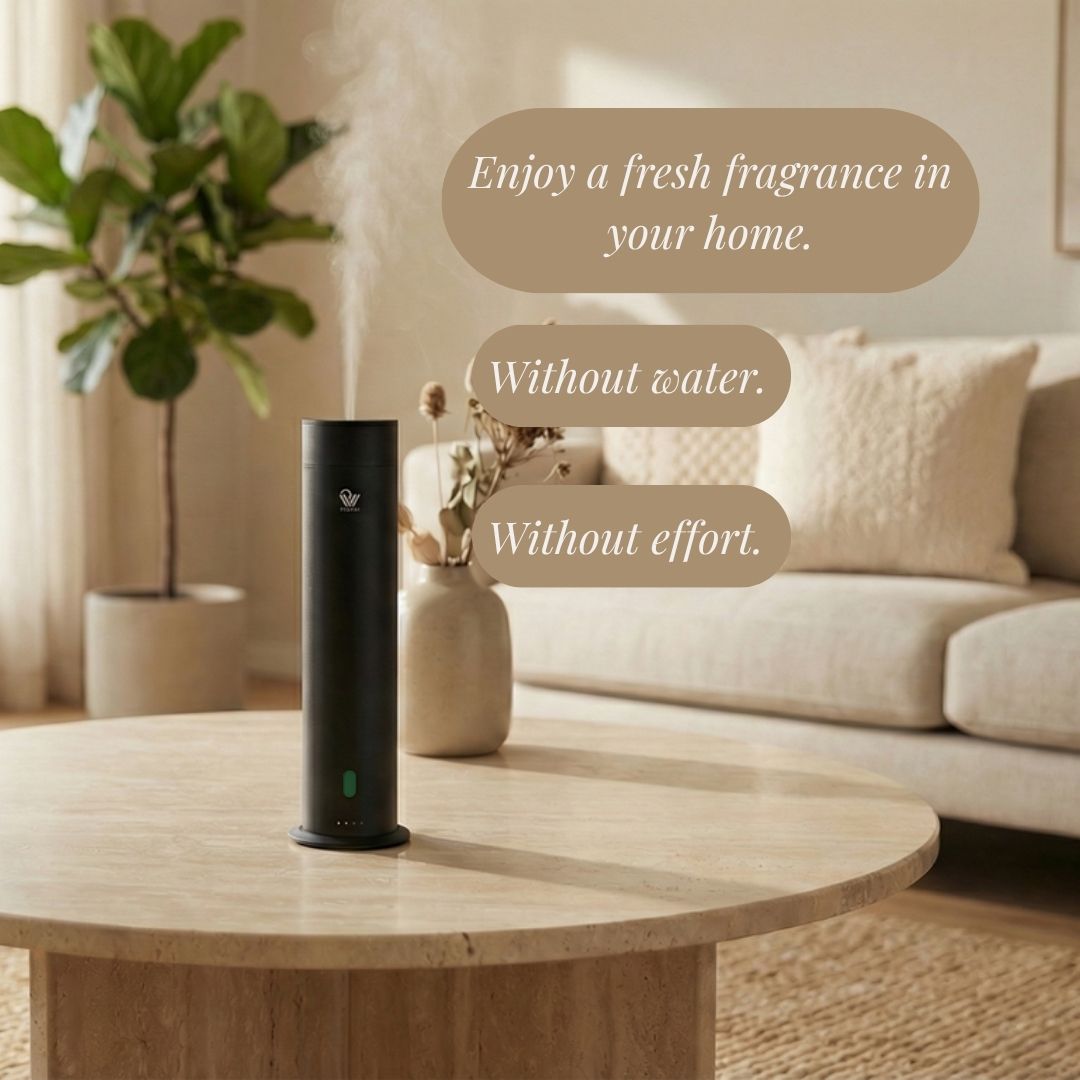 Diffusore nero su un tavolo di legno con testo sulla fragranza fresca in un ambiente domestico.