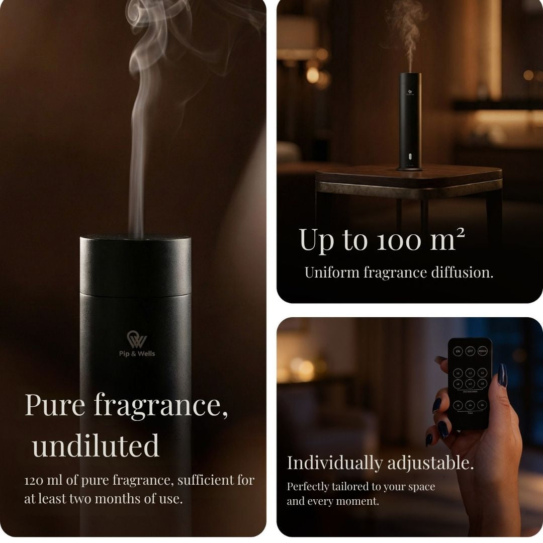 Diffusore di aromi Pure One di Pip & Wells nero opaco con nebbia profumata, telecomando e caratteristiche
