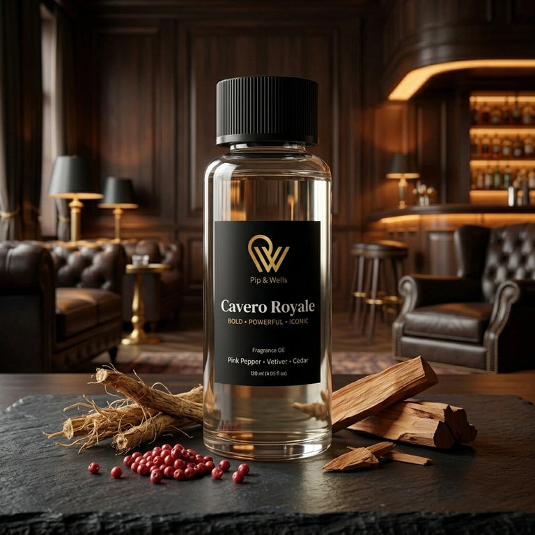 Pip & Wells Cavero Royale, olio profumato 120 ml, flacone con elementi che rappresentano le note profumate