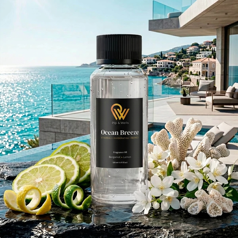 Pip & Wells Ocean Breeze, olio profumato 120 ml, flacone con elementi che rappresentano le note profumate