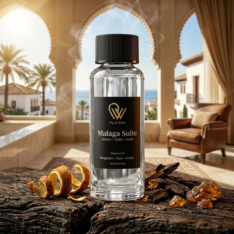 Pip & Wells Malaga Suite, olio profumato 120 ml, flacone con elementi che rappresentano le note profumate