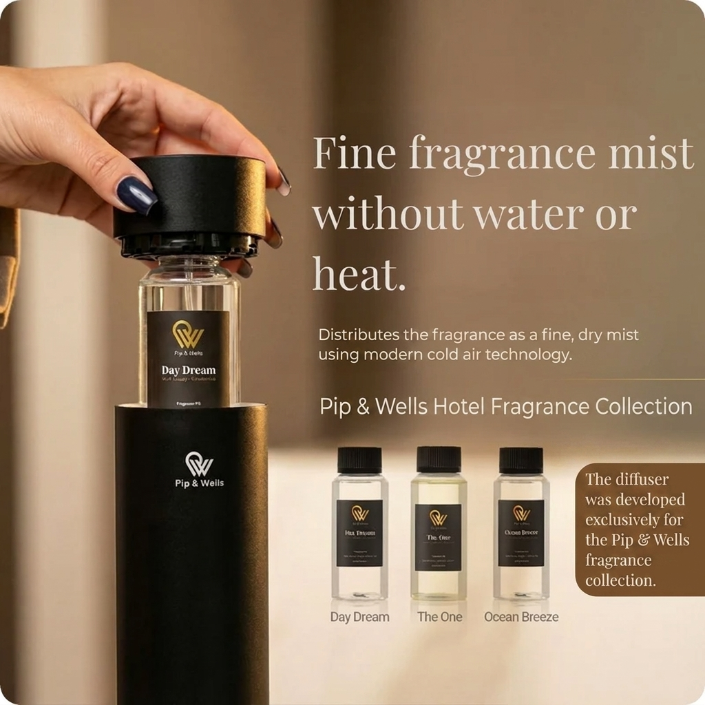Diffusore di aromi Pure One di Pip & Wells nero opaco con gli oli Hotel Fragrance Collection su sfondo beige