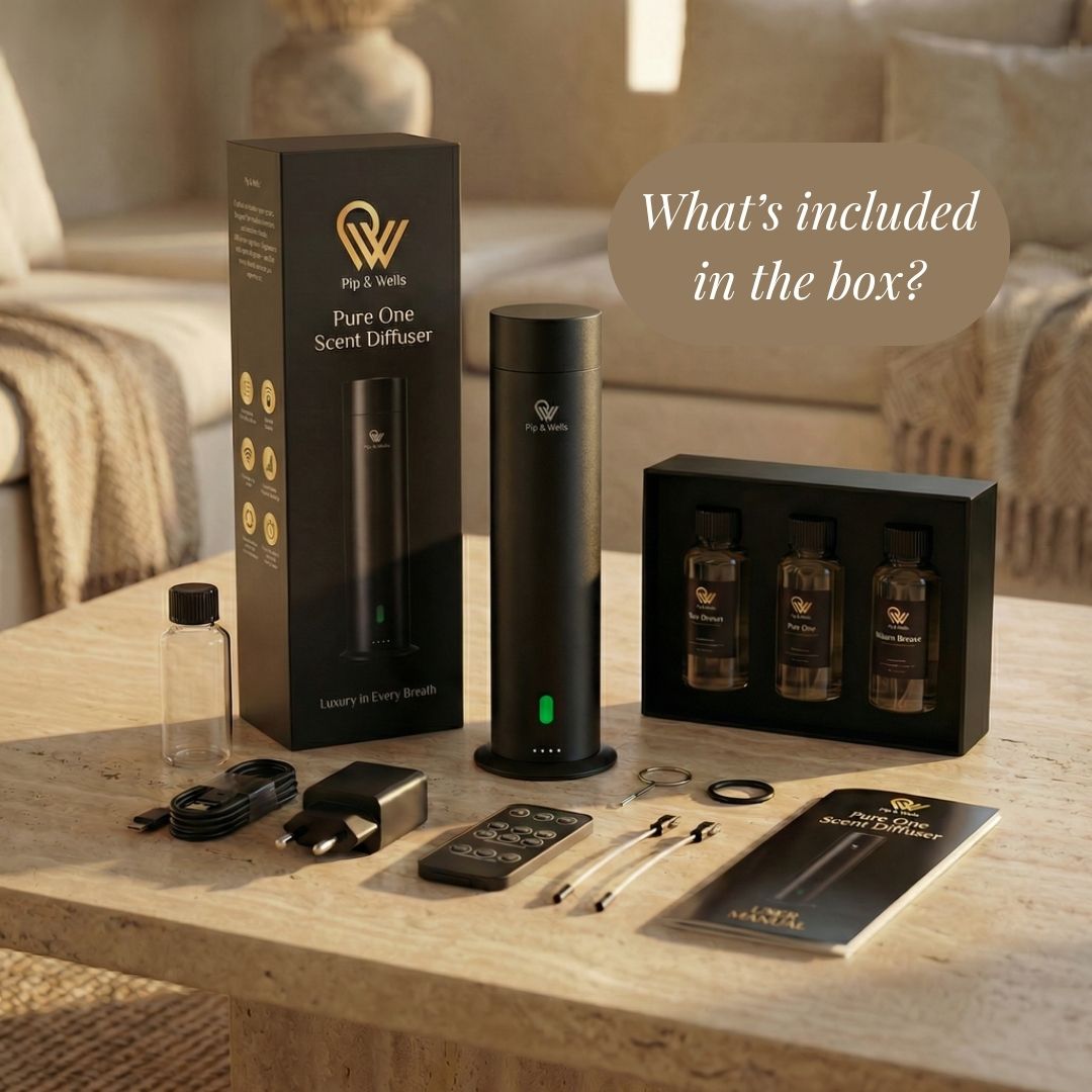 Set del diffusore di aromi Pure One di Pip & Wells su un tavolo di legno con confezione e accessori