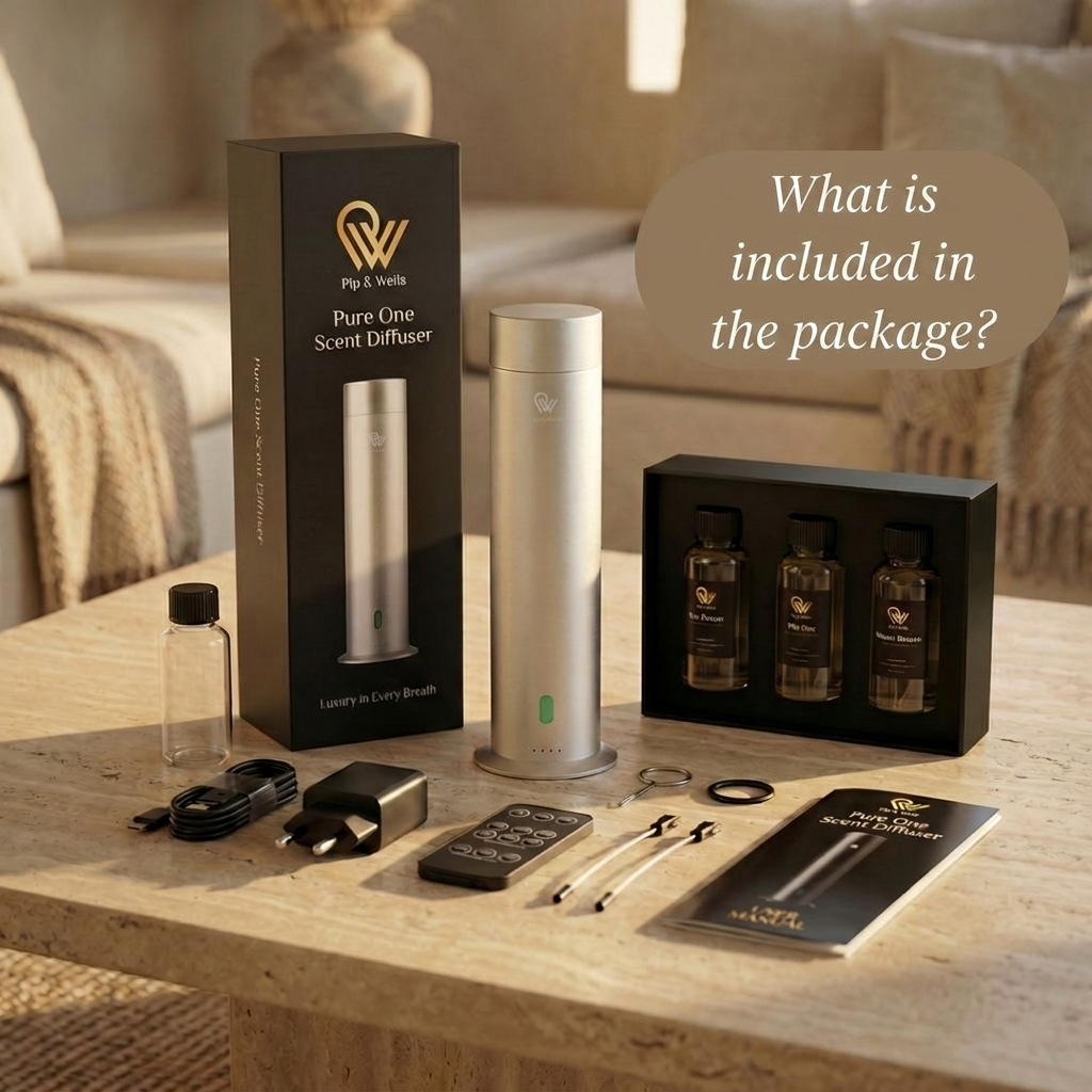 Set del diffusore di aromi Pure One di Pip & Wells argento opaco su un tavolo di legno con confezione e accessori