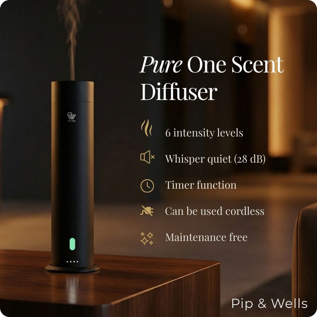 Diffusore di aromi Pure One di Pip & Wells nero opaco su una superficie di legno con le caratteristiche principali