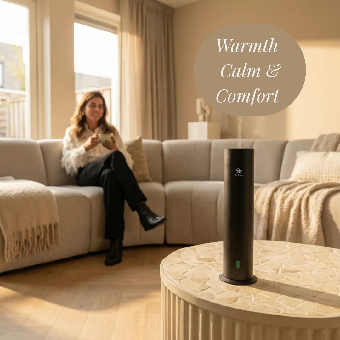Donna sul divano in un soggiorno con un diffusore di aromi Pure One di Pip & Wells nero opaco sul tavolo