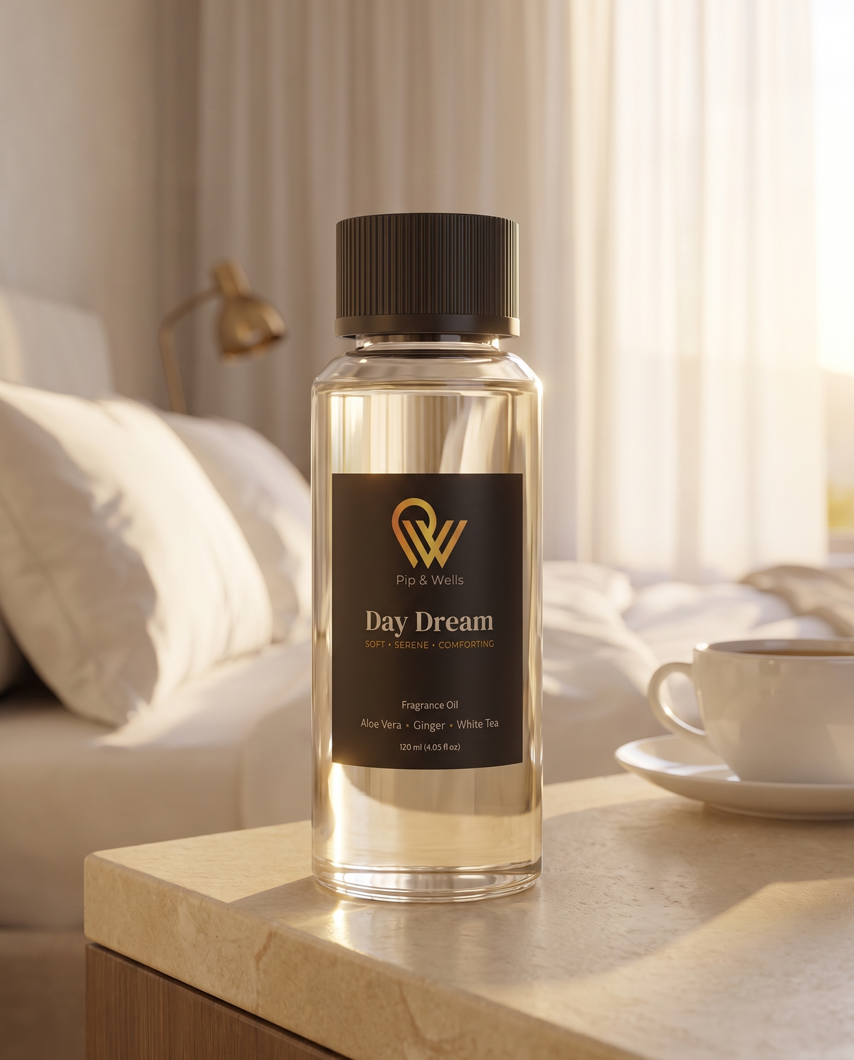 Pip & Wells Day Dream fragrance oil 120 ml bottle on a bedside table in a hotel-style bedroom