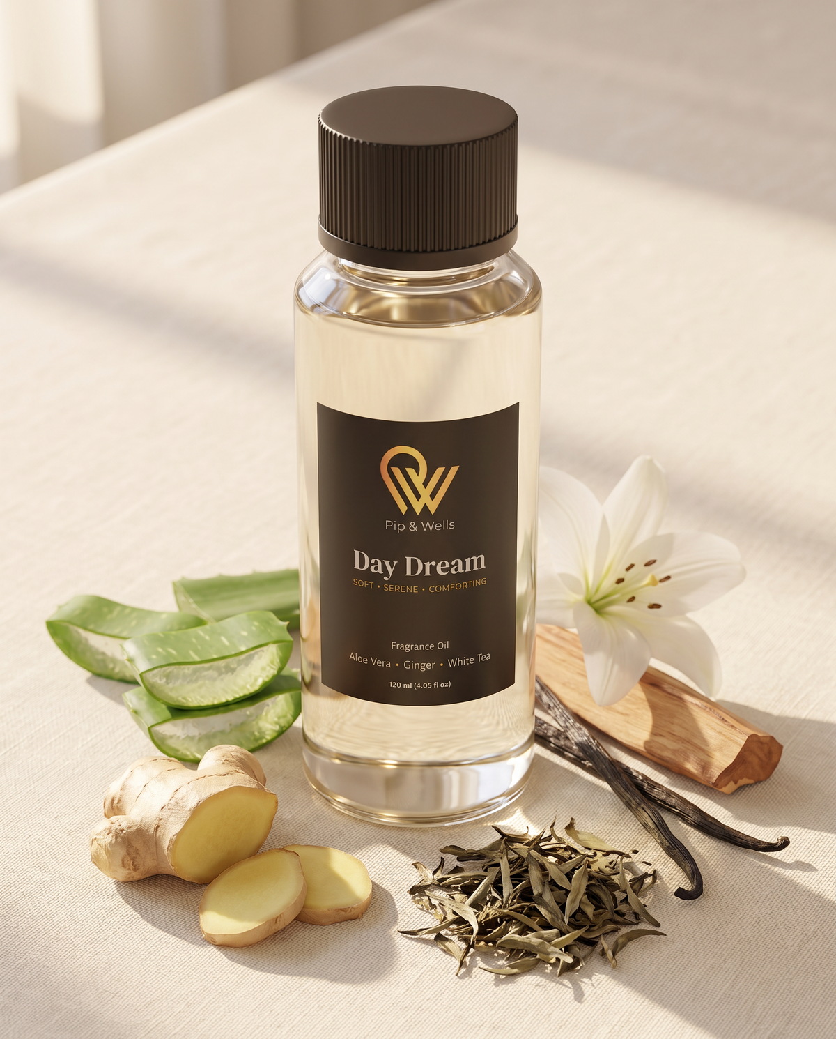 Pip & Wells Day Dream fragrance oil 120 ml bottle surrounded by its scent notes: aloe vera, ginger, white tea, vanilla, cedarwood and lily