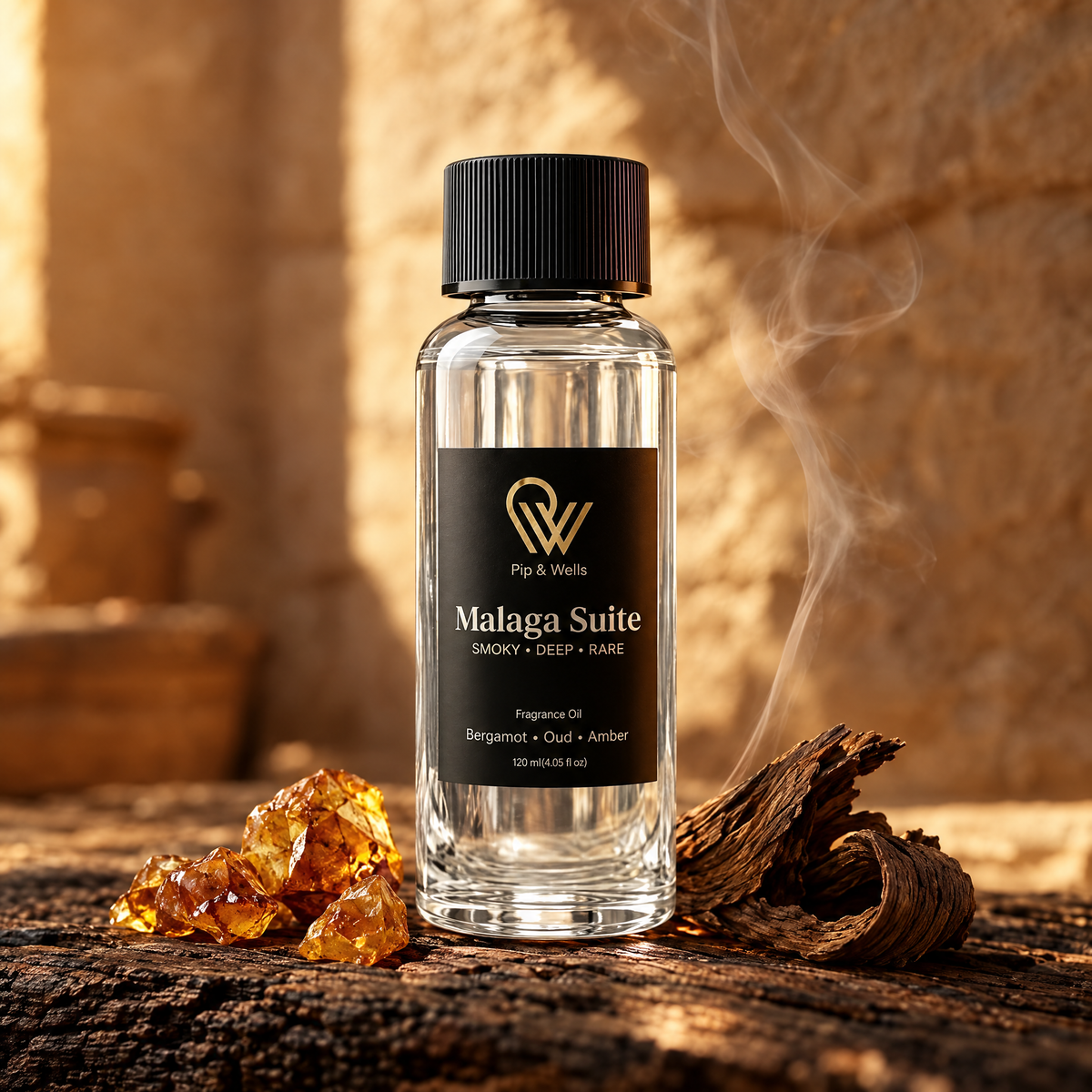 Close-up of Pip & Wells Malaga Suite fragrance oil 120 ml with amber resin and oud wood in warm evening light