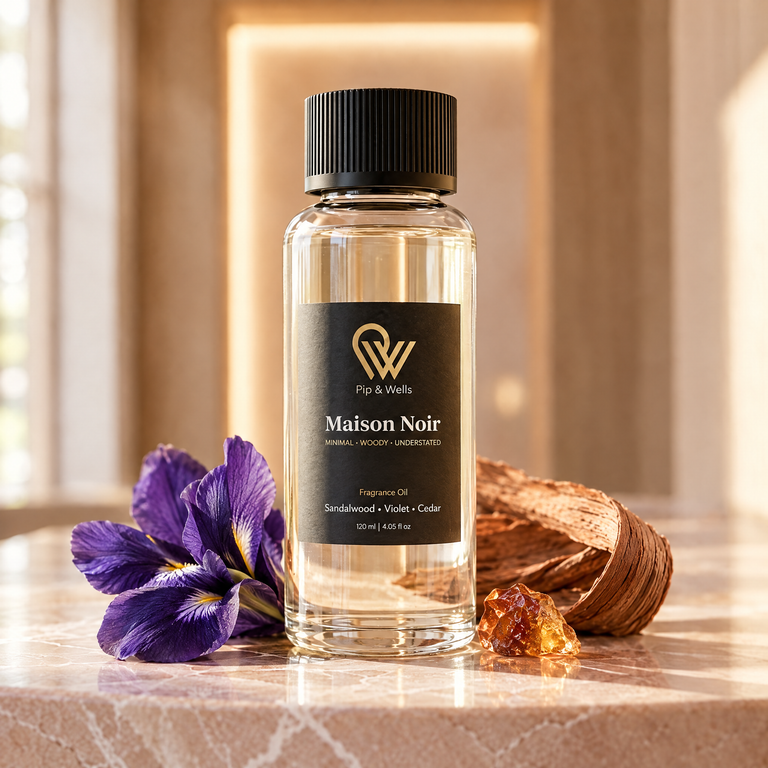 Pip & Wells Maison Noir, olio profumato 120 ml, flacone con elementi che rappresentano le note profumate