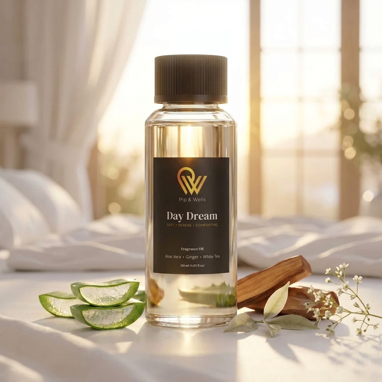Pip & Wells Day Dream, olio profumato 120 ml, flacone con elementi che rappresentano le note profumate