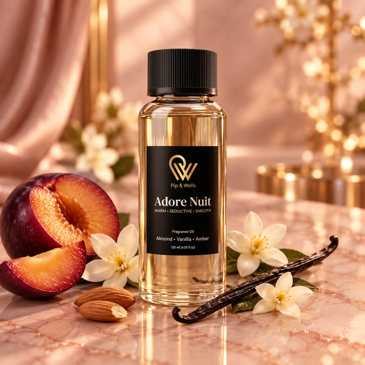 Pip & Wells Adore Nuit fragrance oil 120 ml bottle with its scent notes: plum, almond, vanilla and jasmine