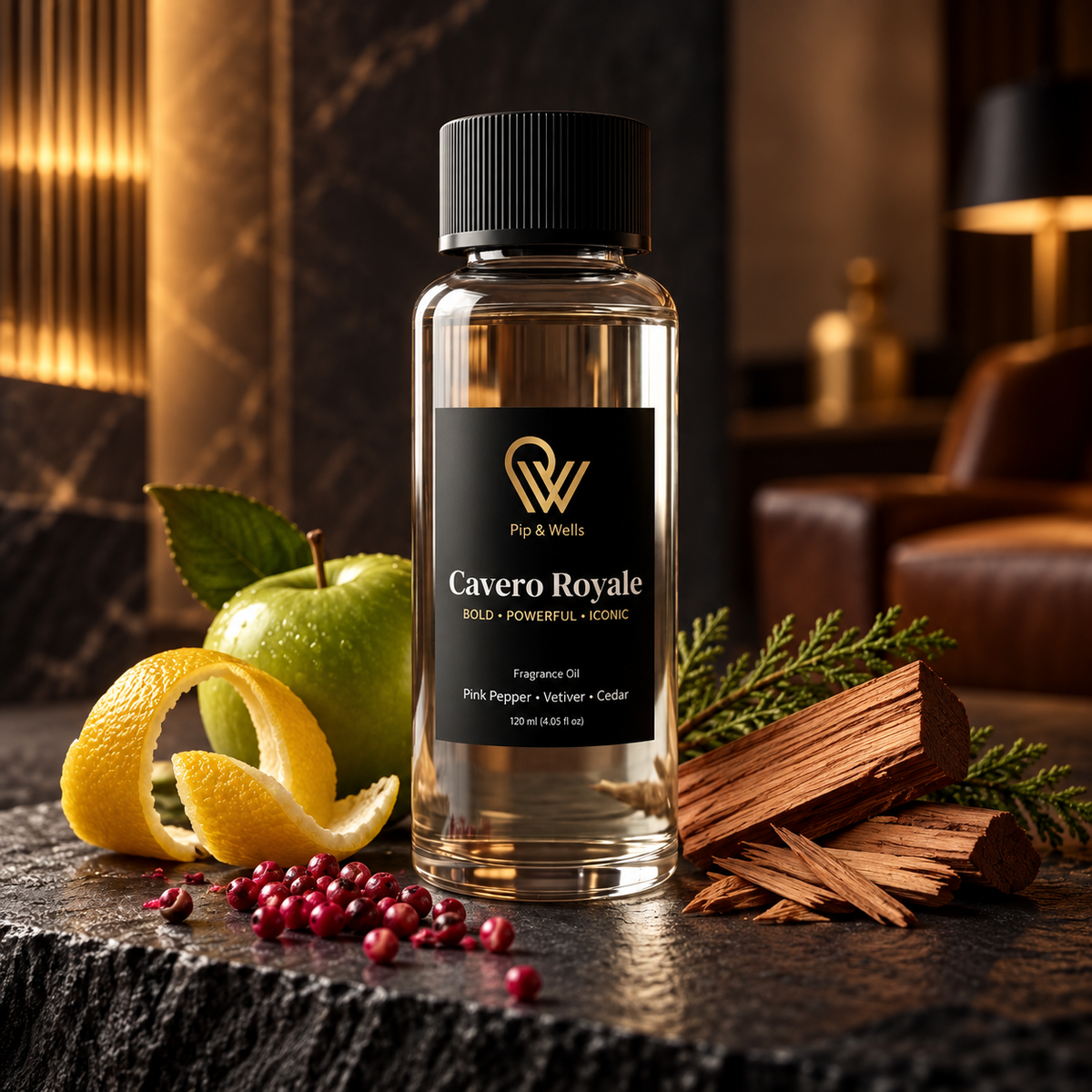 Pip & Wells Cavero Royale fragrance oil 120 ml bottle in a dark hotel lounge with apple, lemon peel, pink pepper and cedar wood