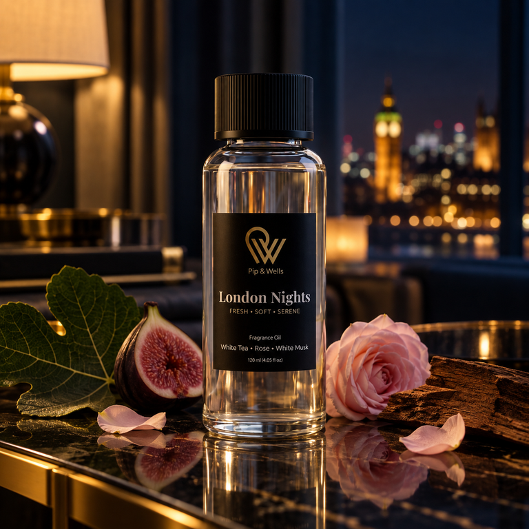 Pip & Wells London Nights, olio profumato 120 ml, in un interno con luce soffusa la sera