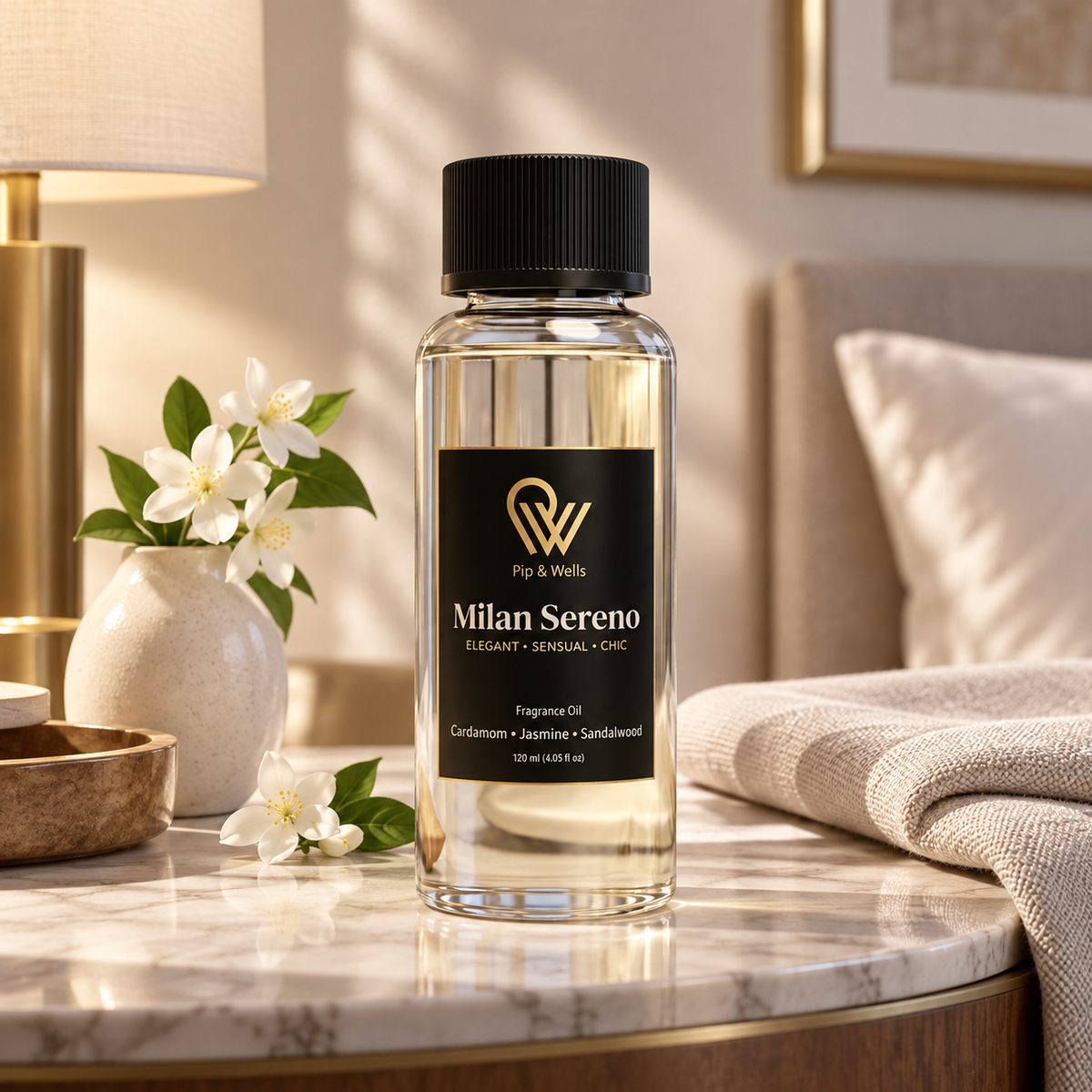 Pip & Wells Milan Sereno fragrance oil 120 ml bottle on a marble bedside table in a hotel bedroom with jasmine