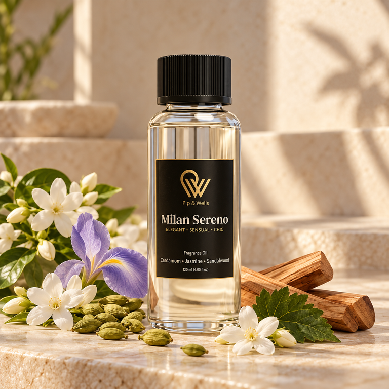 Pip & Wells Milan Sereno, olio profumato 120 ml, flacone con elementi che rappresentano le note profumate