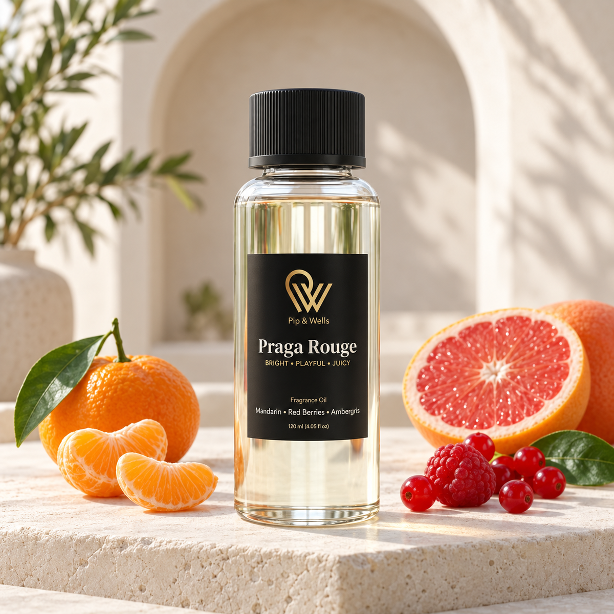 Pip & Wells Praga Rouge fragrance oil 120 ml bottle with its scent notes: mandarin, grapefruit and red berries
