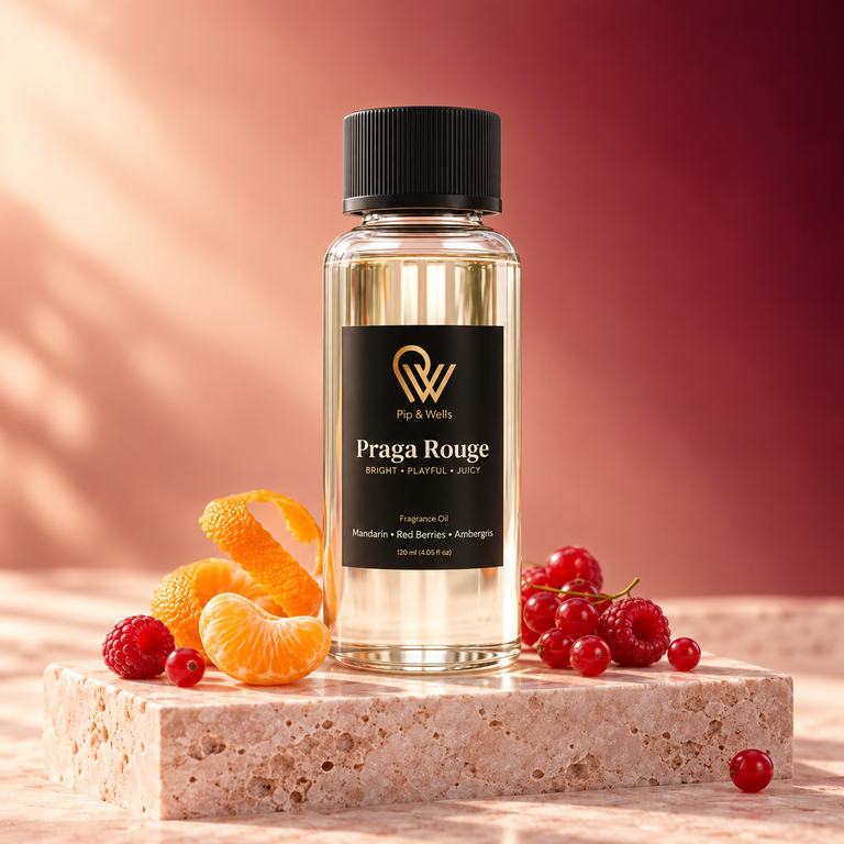 Pip & Wells Praga Rouge, olio profumato 120 ml, flacone con elementi che rappresentano le note profumate