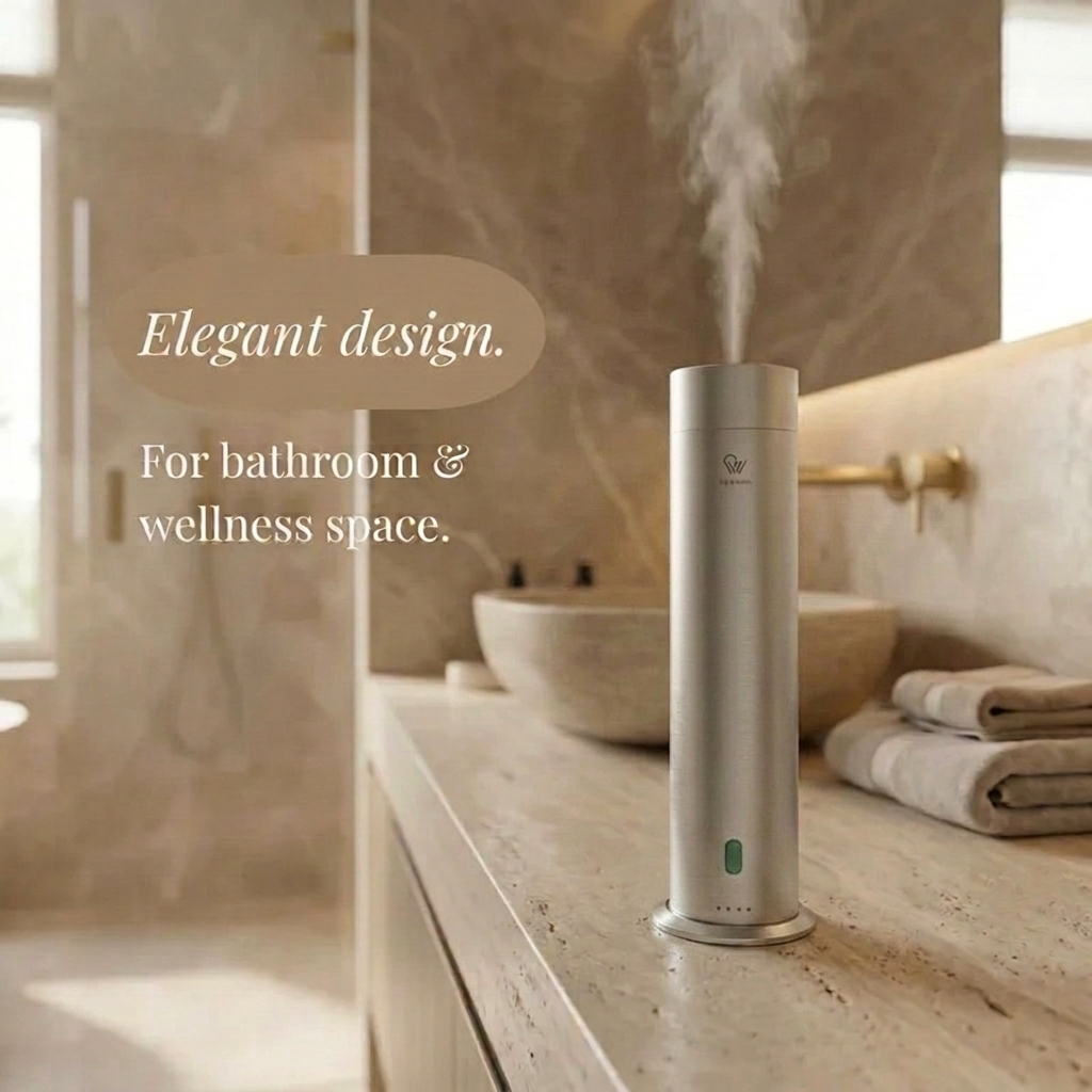 Diffusore di aromi Pure One di Pip & Wells argento opaco sul piano di un bagno